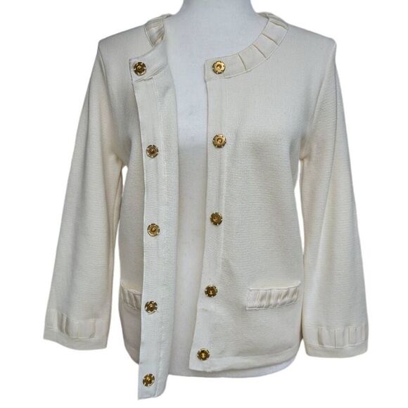 Audrey & Grace White Knit Blazer Pockets Round Neck Snaps Trim Ribbon Size L - Picture 6 of 10